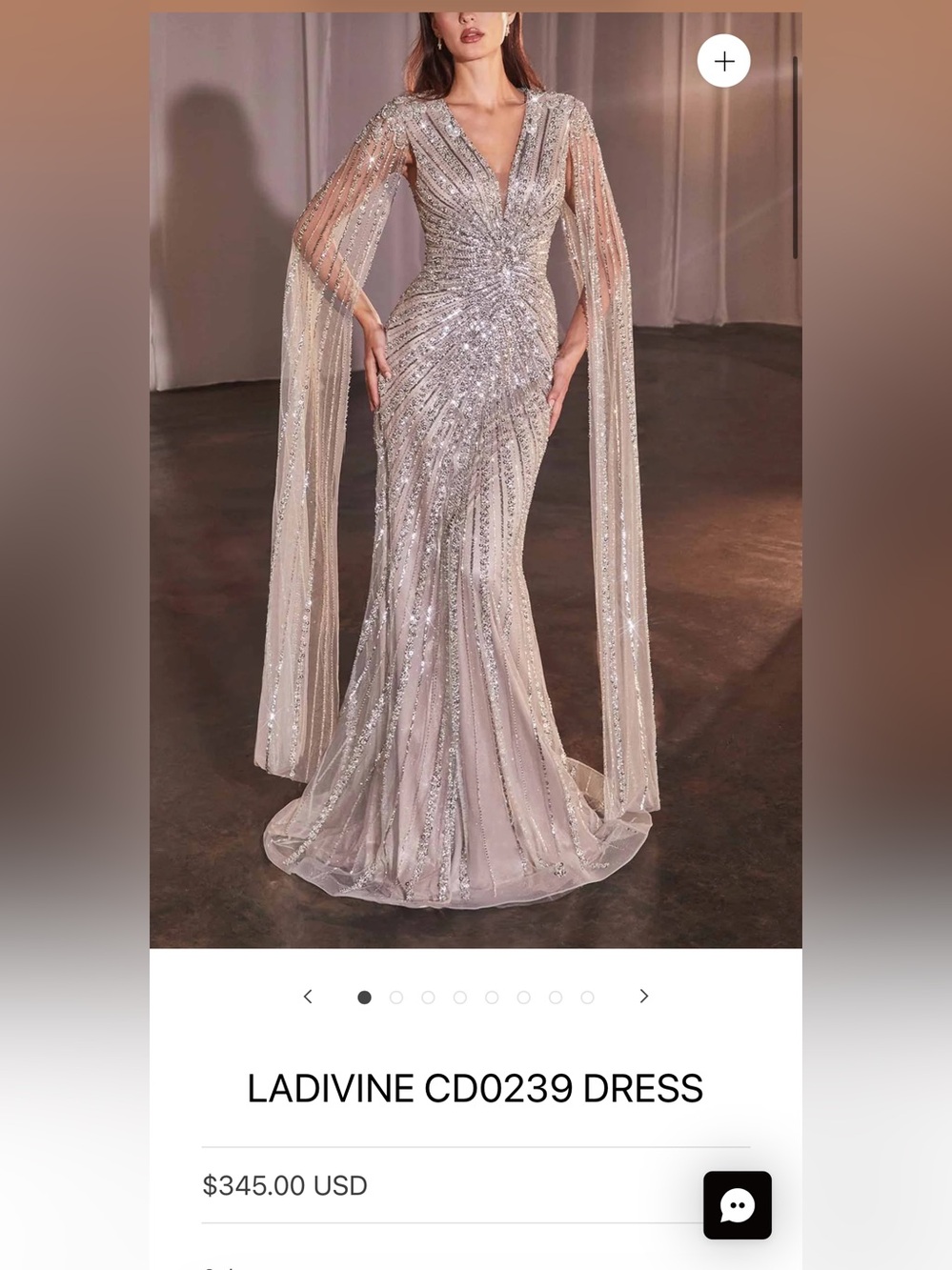Silver Beaded V-Neck Evening Gown with Draped Cape